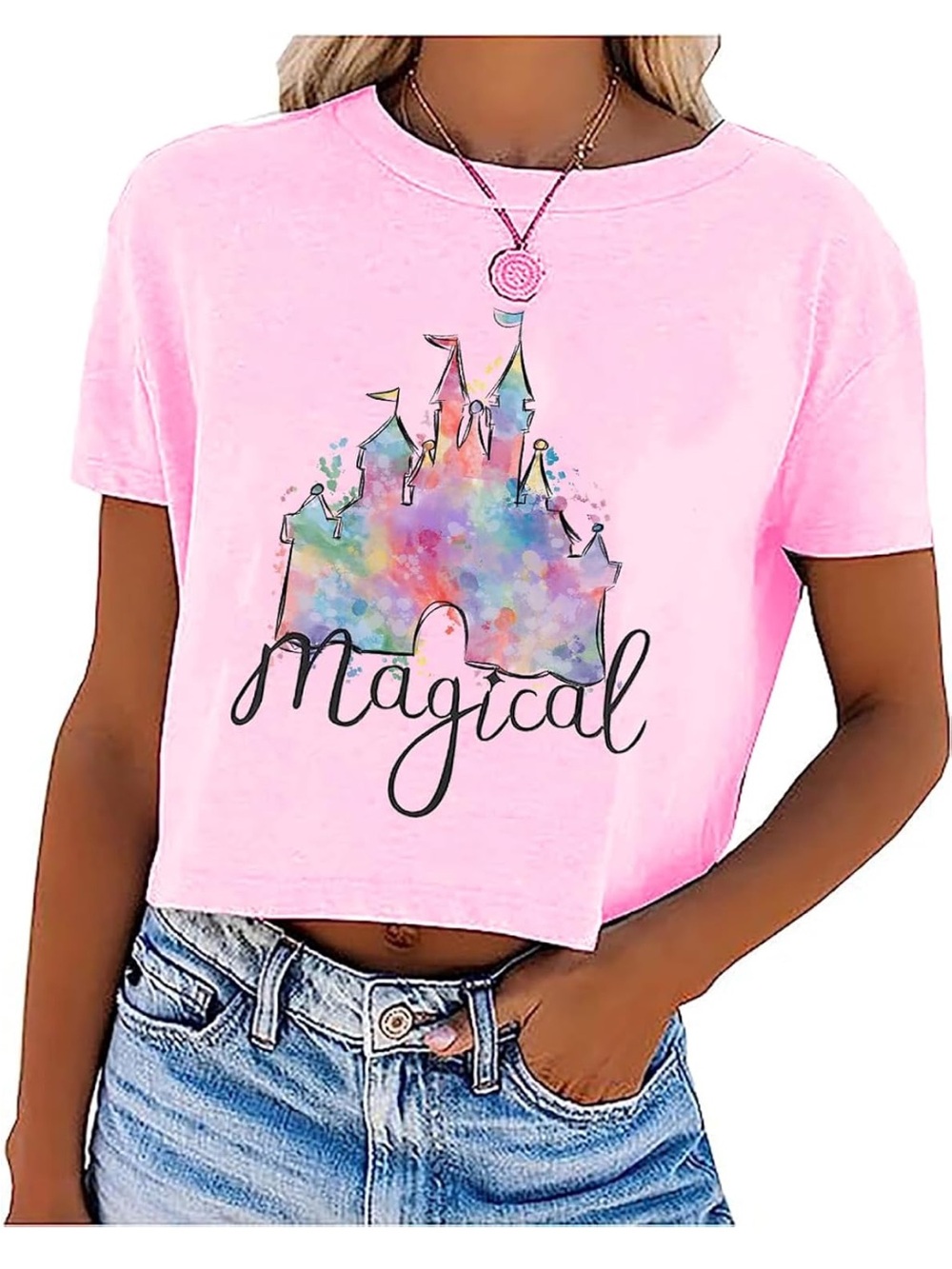 “Magical” Tee Pink Crop Top Size XL